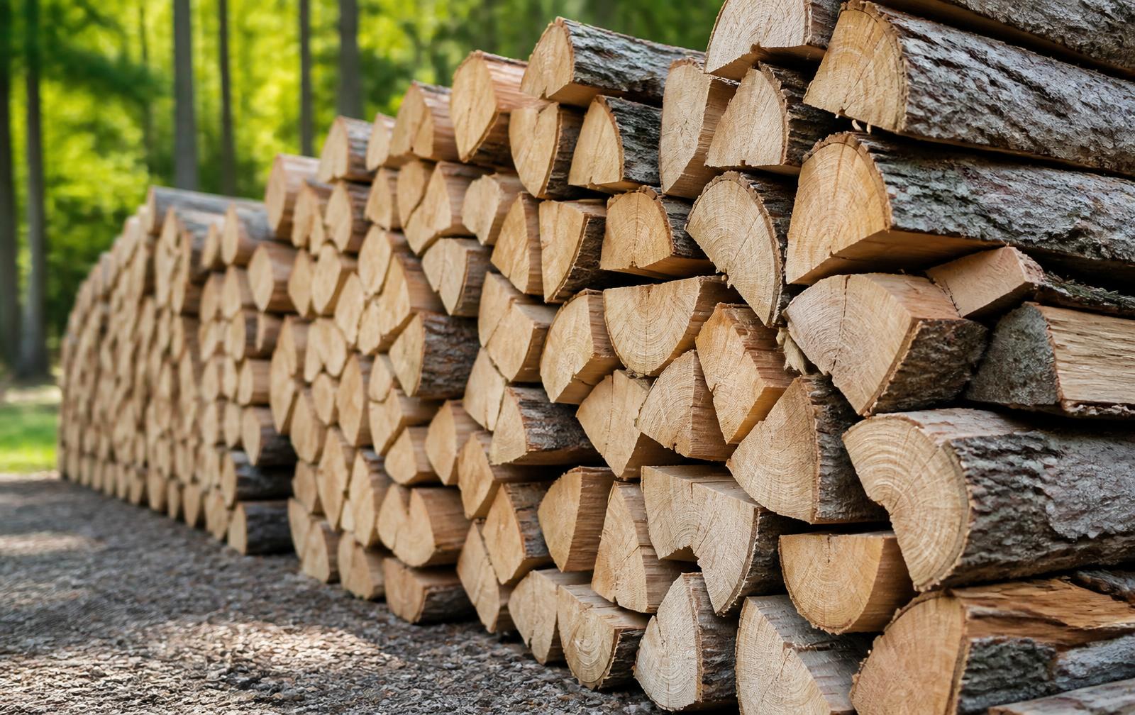 Stacked seasoned oak and maple firewood ready for delivery