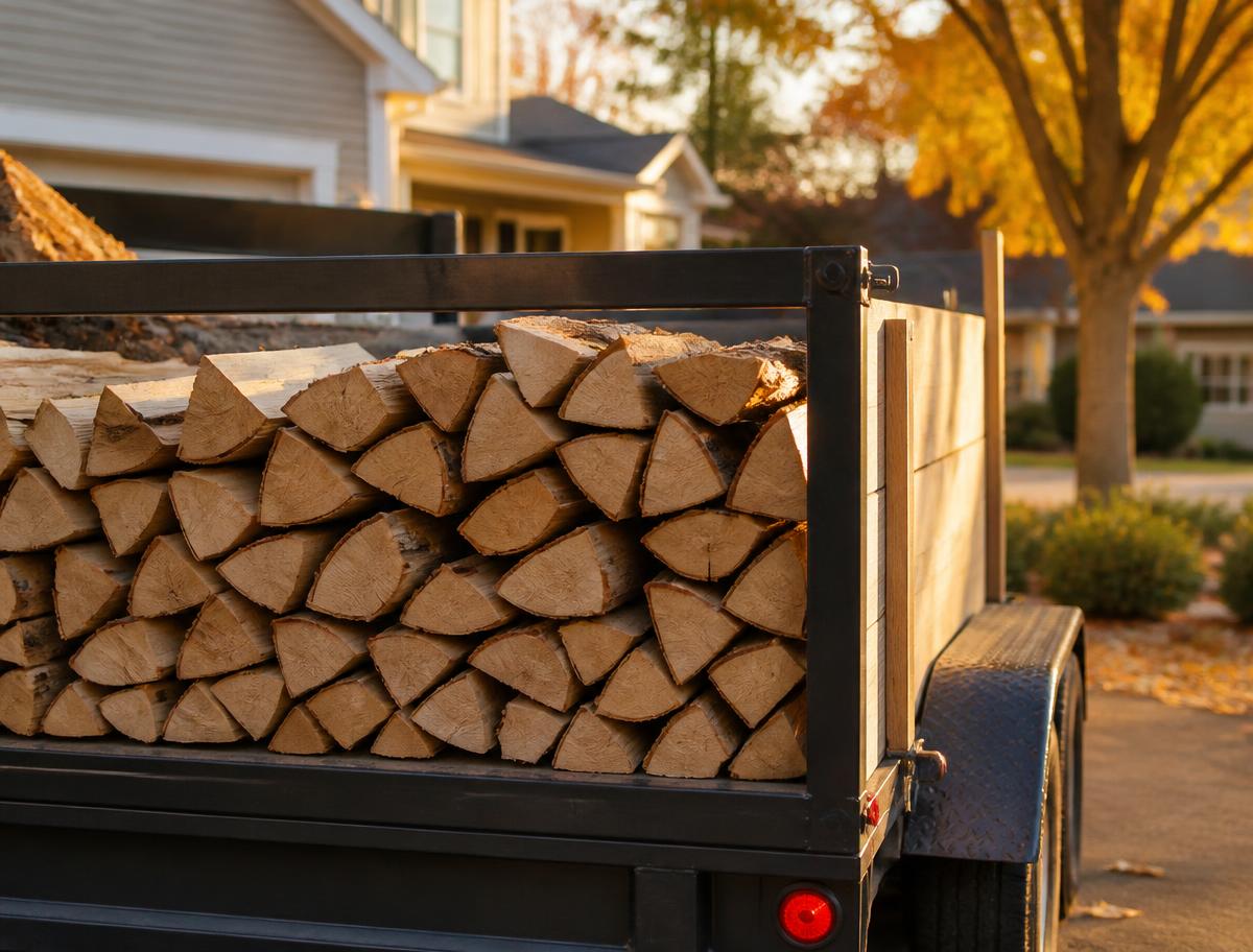 Split hardwood firewood loaded in a pickup truck for driveway delivery