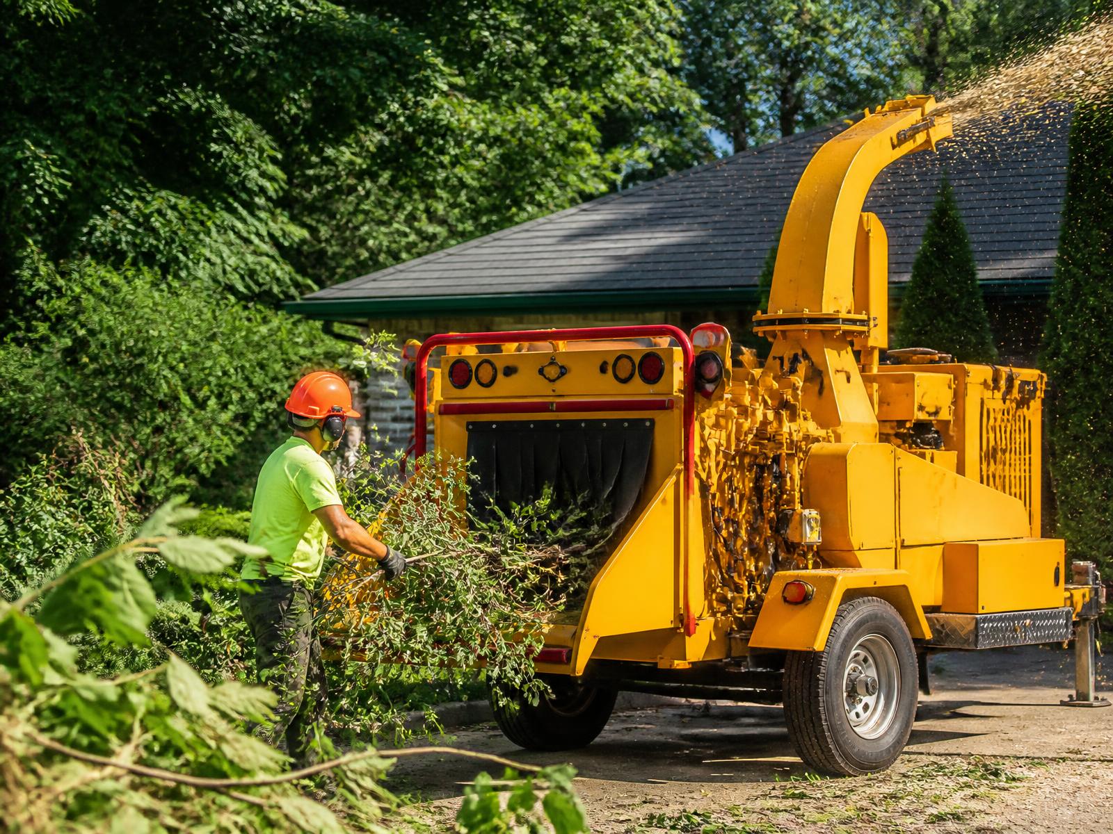Commercial wood chipper processing branches on a tree care job site