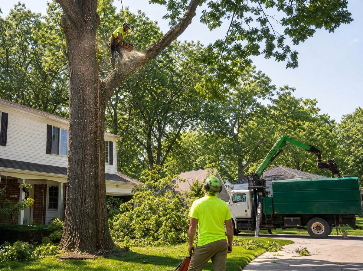 Professional tree crew trimming a large tree at a residential job site